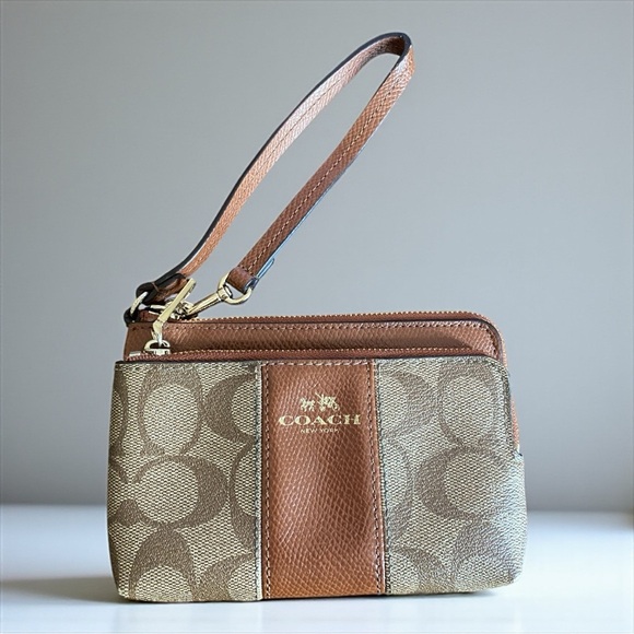 Coach Brown and Tan Signature Wristlet with Monogram Pattern - Picture 1 of 6